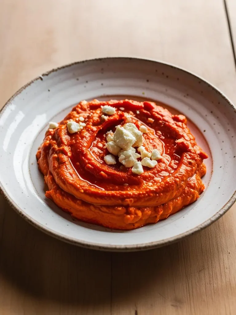 a close-up shot of muhammara, a vibrant red dip, in a white bowl. the dip is topped with crumbled feta cheese. the bowl sits on a wooden table, highlighting the creamy texture and rich color of the dish
