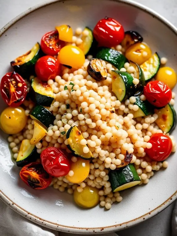 a close-up shot of a white bowl filled with pearl couscous mixed with colorful roasted vegetables, including red and yellow cherry tomatoes, green zucchini slices, and charred onions. the dish is well-lit, highlighting the textures and vibrant colors of the ingredients, suggesting a fresh and healthy salad