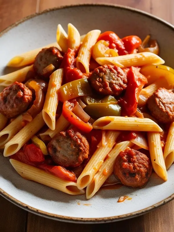 a bowl of penne pasta is mixed with savory meatballs, a rich red tomato sauce, and colorful sautéed bell peppers and onions. the dish is presented in a close-up shot, highlighting the textures and vibrant colors of the ingredients, suggesting a hearty and flavorful meal