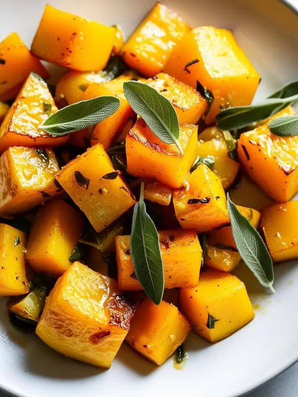 a close-up shot of roasted butternut squash cubes on a white plate, garnished with fresh sage leaves. the squash pieces are vibrant orange and slightly caramelized, showcasing their tender texture. the simple and elegant dish is well-lit, highlighting the colors and textures