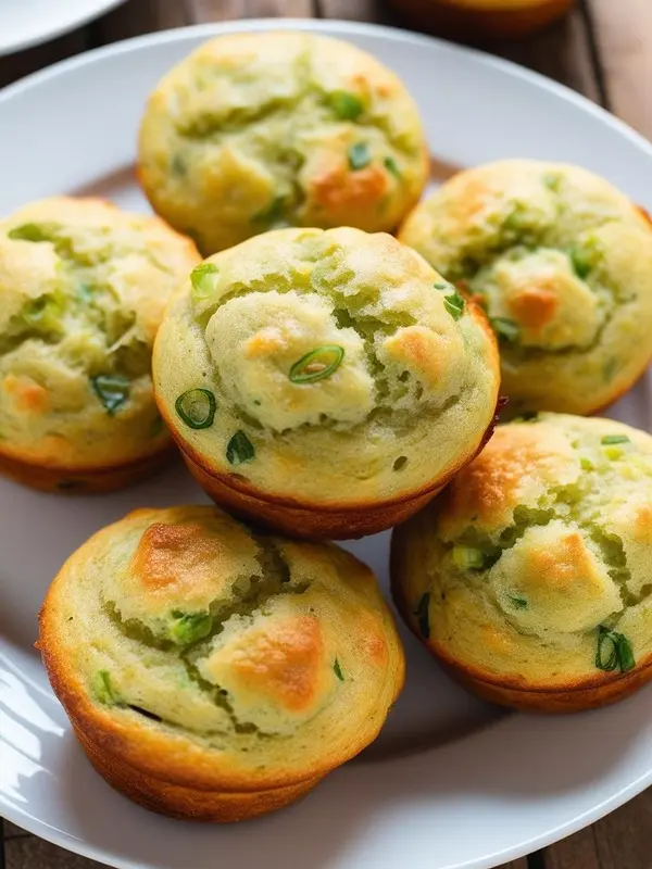a white plate displays six golden-brown muffins. the muffins have a slightly green hue with visible flecks of green onions. they are arranged closely together, creating a visually appealing and savory presentation