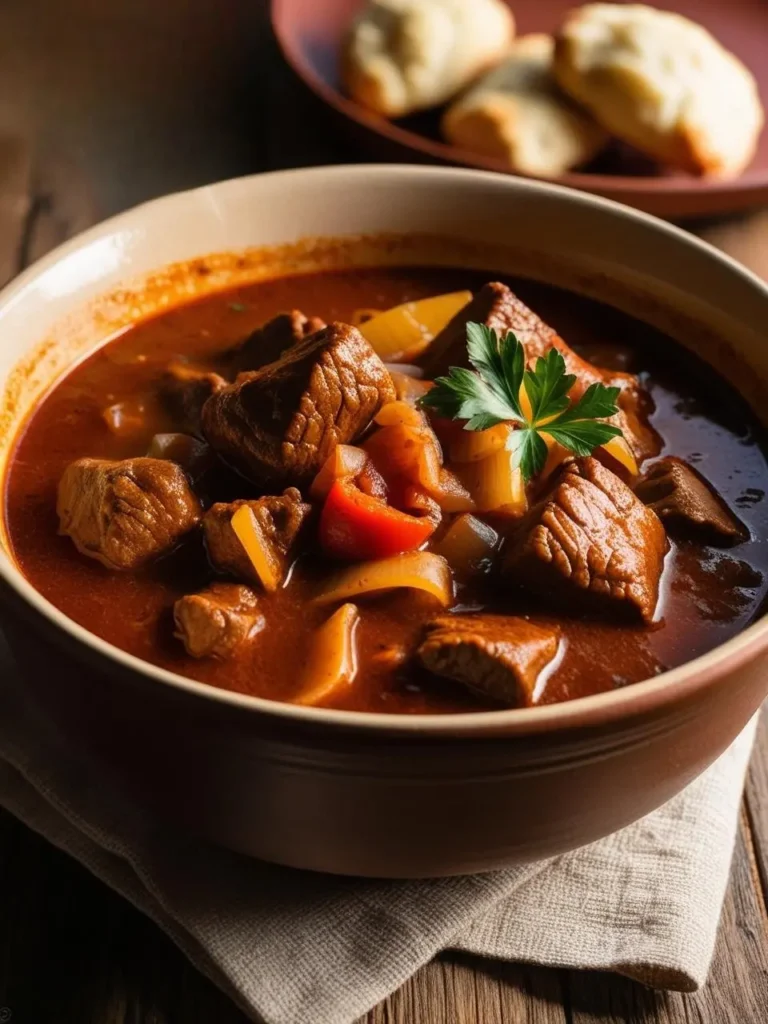a close-up shot of hungarian goulash in a brown bowl. tender chunks of beef are simmered in a rich, reddish-brown broth with sliced bell peppers and onions, garnished with a sprig of fresh parsley. the hearty stew sits on a light brown napkin on a wooden surface, with dumplings on a plate in the background