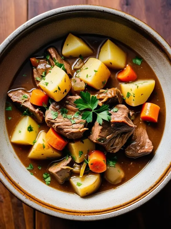 a close-up overhead shot of a hearty irish stew in a rustic bowl. tender chunks of beef are simmered with potatoes and carrots in a rich, dark broth, garnished with fresh parsley. the warm and comforting dish is presented on a dark wooden surface