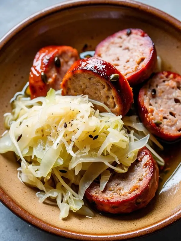 a brown bowl contains sliced kielbasa sausage and sauerkraut. the sausage is browned and slightly glistening, and the sauerkraut is pale yellow and shredded. some black pepper is sprinkled over the dish. the presentation is simple and rustic