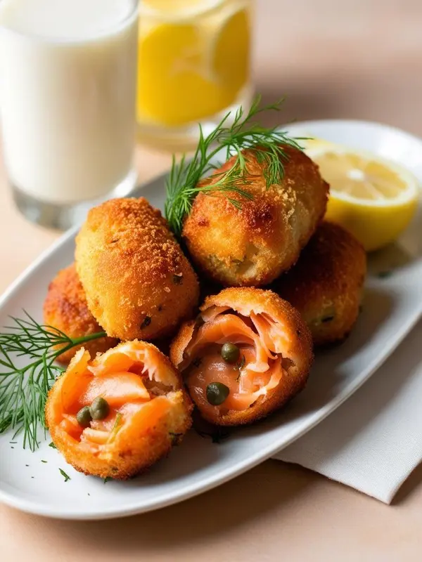 a close-up shot shows golden-brown croquettes with salmon and capers, garnished with dill sprigs. some croquettes are cut open, revealing the salmon filling with green capers. a glass of milk and lemon slices are visible in the background, suggesting a savory and delicious dish