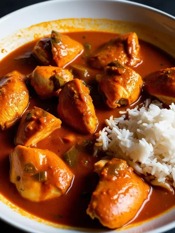 a white bowl filled with juicy chicken pieces in a rich, reddish-orange curry sauce, accompanied by a serving of fluffy white rice. the flavorful dish is presented in a close-up shot, highlighting the vibrant colors and textures
