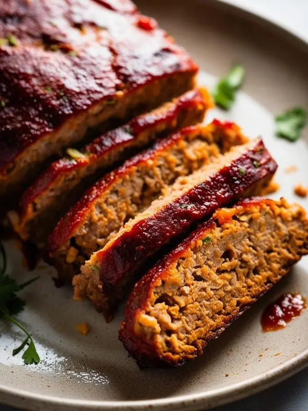 a sliced meatloaf with a rich red glaze rests on a white plate, garnished with fresh green herbs. the meatloaf has a slightly crumbly texture and appears moist. the focus is on the savory and comforting nature of the dish
