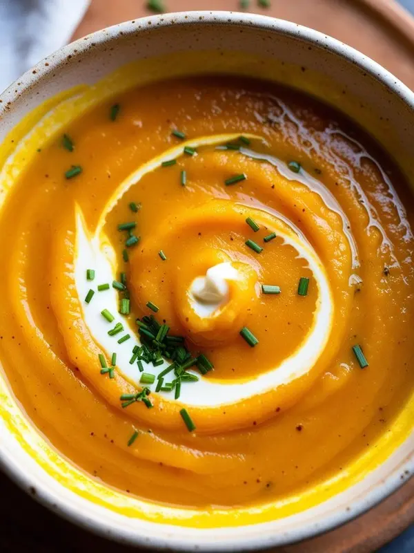 a close-up overhead shot of creamy butternut squash soup in a beige bowl. the vibrant orange soup is swirled with white cream and sprinkled with fresh green chives. the smooth texture and warm color suggest a comforting and flavorful dish, likely served hot. the bowl sits on a wooden surface