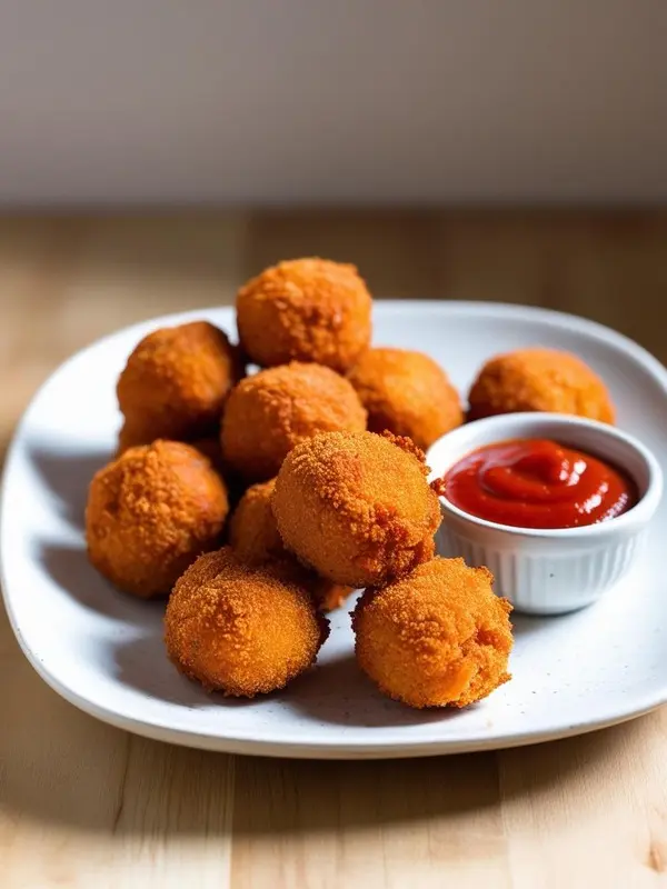a close-up shot of a white plate piled with golden-brown, round croquettes. a small white bowl of bright red ketchup sits on the side. the crispy texture of the croquettes is visible, suggesting a savory and fried appetizer or snack, ready for dipping