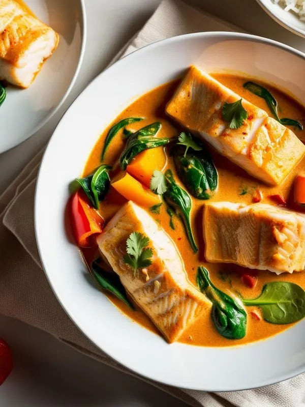 a close-up overhead shot of red curry with baked fish in a white bowl. flaky white fish fillets are simmered in a vibrant orange-red coconut milk curry with spinach and bell peppers, garnished with fresh cilantro. a separate plate with a piece of fish and white rice are partially visible