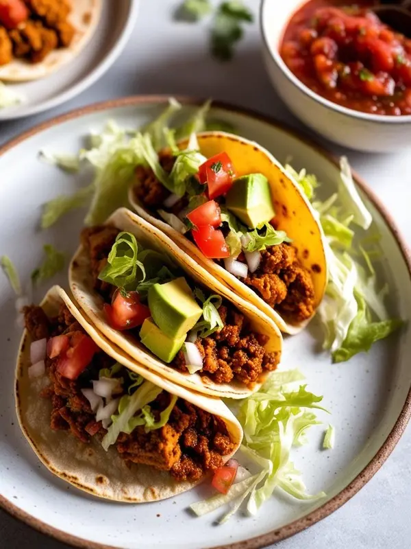 a close-up shot of three turkey tacos on a white plate with shredded lettuce. the tacos are filled with seasoned ground turkey, diced tomatoes, white onions, and slices of avocado. a small bowl of red salsa is visible in the background. the vibrant and flavorful tacos are ready to be enjoyed
