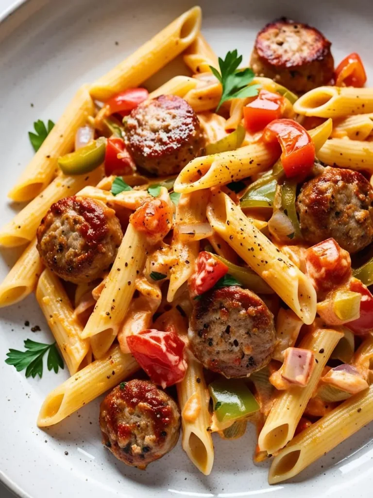 a close-up shot of penne pasta with meatballs on a white plate. the pasta is mixed with a creamy sauce and colorful vegetables, including red and green bell peppers. several round, browned meatballs are arranged on top, garnished with fresh parsley