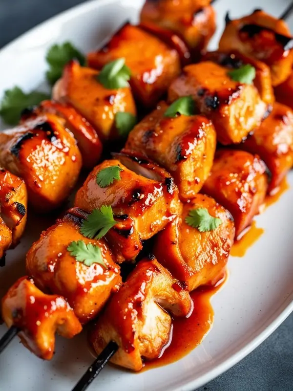 skewers of grilled chicken, glazed with a glossy sauce, are presented on a white plate. fresh cilantro leaves garnish the chicken. the plate is set against a dark background, highlighting the vibrant colors and textures of the dish. the focus is on the succulent, appealing appearance of the chicken