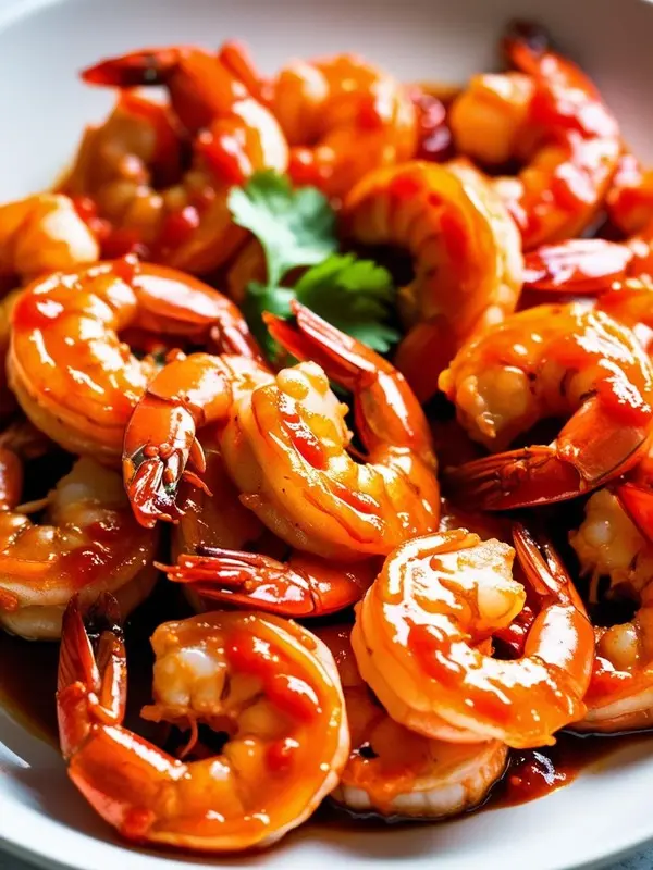 a close-up shot shows a bowl of vibrant orange-red cajun shrimp, glistening with a rich sauce. a few fresh green cilantro leaves are scattered on top. the shrimp appear plump and juicy, suggesting a spicy and flavorful seafood dish