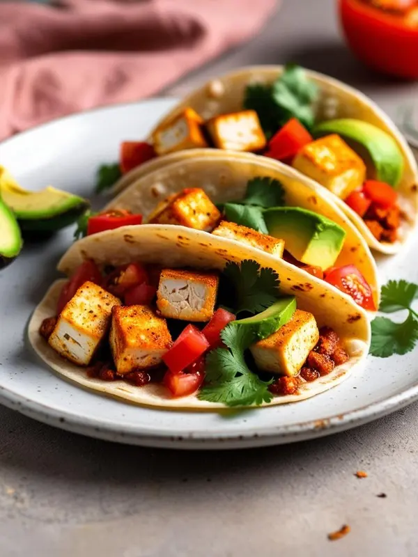three tofu tacos are arranged on a white plate. each taco is filled with golden-brown tofu cubes, diced red tomatoes, creamy avocado slices, and fresh green cilantro. the tacos are presented in a close-up shot, highlighting their vibrant colors and textures