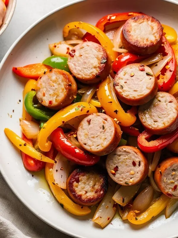 a white plate showcases sliced turkey kielbasa sautéed with vibrant red, yellow, and green bell peppers, and white onions. the dish is seasoned with herbs and chili flakes, creating a colorful and flavorful meal. the ingredients are slightly glistening, suggesting they were recently cooked