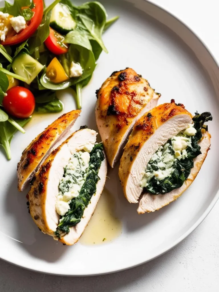 a close-up shot of two sliced chicken breasts on a white plate, stuffed with vibrant green spinach and creamy white feta. a colorful salad with tomatoes, cucumbers, and feta is beside the chicken. the dish is well-lit, highlighting the textures and colors