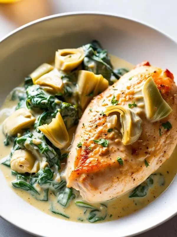 a close-up shot of a creamy spinach artichoke chicken breast in a white bowl. a golden-brown chicken breast is surrounded by wilted spinach and tender artichoke hearts in a rich, creamy sauce, lightly seasoned with black pepper and parsley. the dish appears warm and comforting