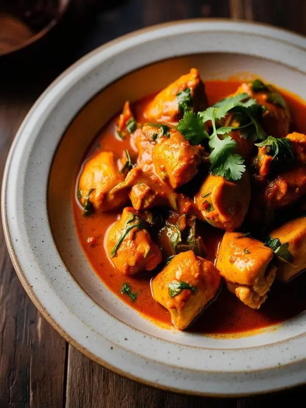 a rustic bowl filled with rich, reddish-orange butter chicken, featuring tender pieces of chicken coated in a creamy tomato-based sauce, is garnished with fresh cilantro leaves. the dish sits on a dark wooden surface, highlighting its warm colors and inviting texture