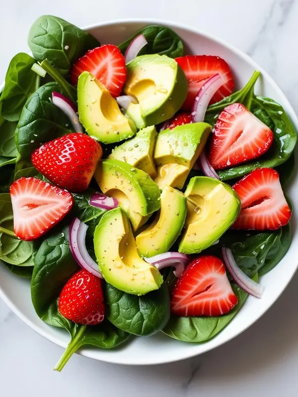 a vibrant strawberry spinach salad fills a white bowl, featuring fresh green spinach leaves, slices of creamy avocado, juicy red halved strawberries, and thin slivers of red onion, creating a colorful and healthy combination. a light dressing glistens on the leaves