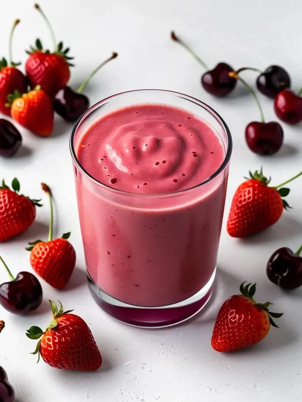 a glass of thick, vibrant pink strawberry cherry smoothie sits on a textured white surface, surrounded by fresh whole strawberries and dark red cherries. the smoothie has a slight swirl on top, and the fruit is scattered artfully around the glass