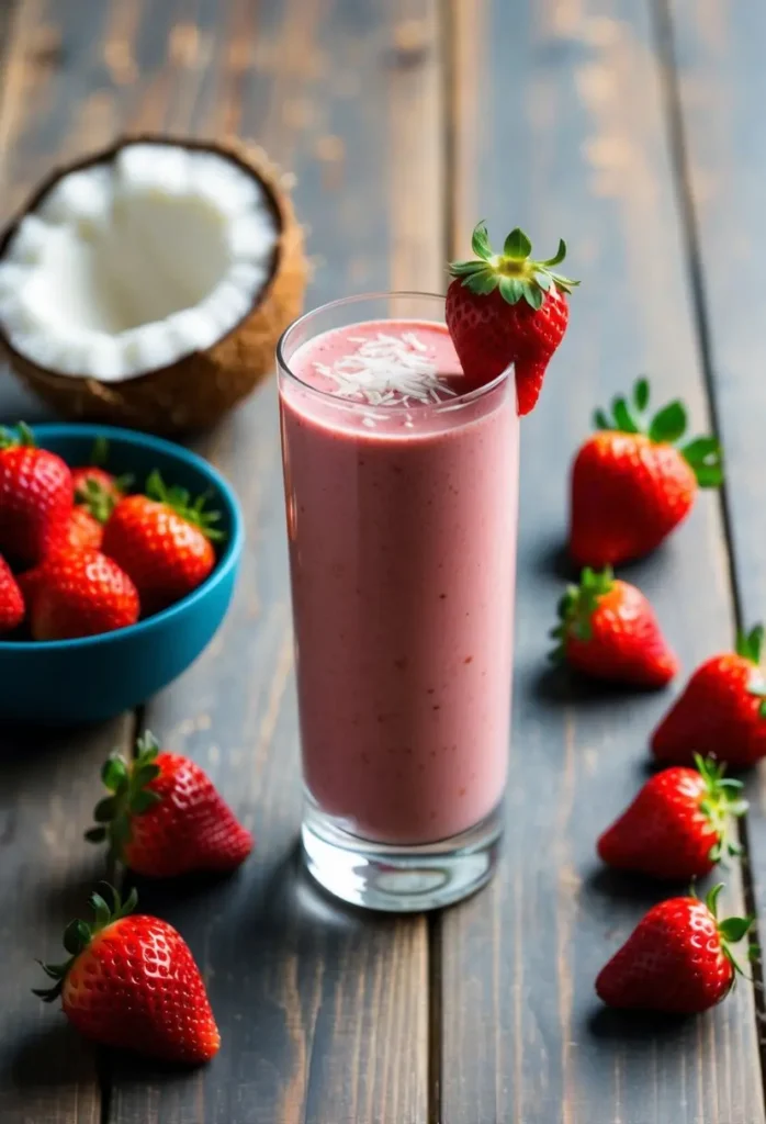 a tall glass of pink strawberry banana smoothie is topped with a fresh strawberry and sprinkled with shredded coconut. a halved coconut sits behind the glass, and several whole strawberries are scattered on the dark wooden surface. the scene is brightly lit and appetizing