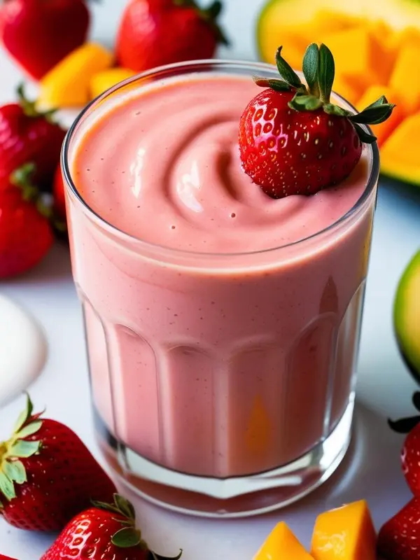 a glass of pink strawberry banana smoothie sits on a white wooden surface, surrounded by three fresh strawberries, a whole banana, a small pitcher of milk, and a spoonful of peanut butter. the ingredients suggest a healthy and delicious drink