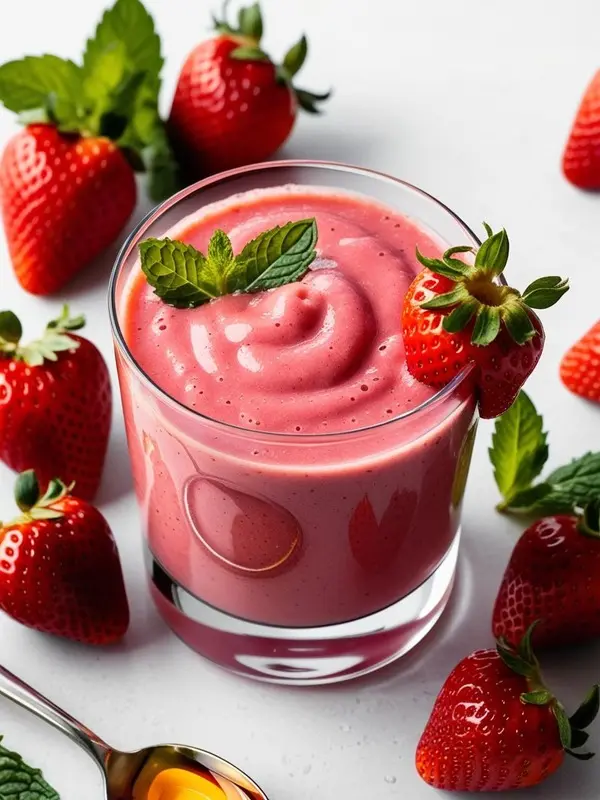 a glass filled with a creamy pink strawberry smoothie is garnished with fresh mint leaves and a strawberry slice on the rim. several whole ripe strawberries and mint sprigs are scattered around the glass on a light gray surface. a spoon with a golden liquid is partially visible