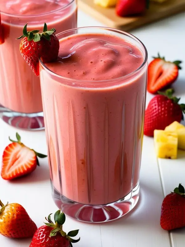 two glasses of creamy pink strawberry pineapple smoothie sit on a white surface, each garnished with a fresh strawberry. slices of strawberries and chunks of pineapple are scattered around the glasses, suggesting the smoothie's fruity ingredients
