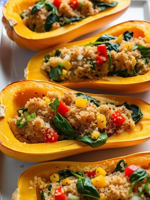 a close-up shot of three butternut squash halves, each filled with a quinoa mixture with visible red and yellow bell peppers, spinach, and herbs. the vibrant orange squash contrasts beautifully with the colorful filling. the dish is presented on a white surface