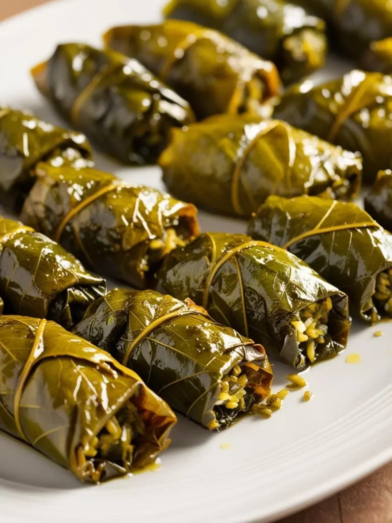 a close-up shot shows several dolma, or stuffed grape leaves, arranged on a white plate. the leaves are a deep green, tightly wrapped and glistening, possibly with oil. the filling peeks out at the ends, suggesting a rice or meat mixture. the dish is well-lit, highlighting the texture of the leaves