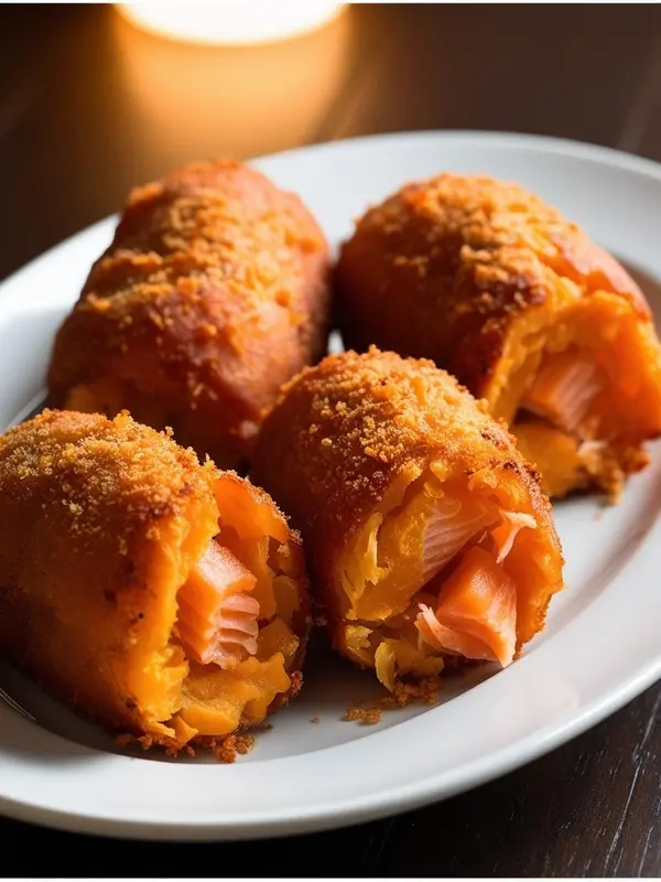 a close-up shot of four golden-brown sweet potato and salmon croquettes on a white plate. the croquettes are cut open, revealing the layers of sweet potato and salmon. the crispy texture and vibrant colors are highlighted, suggesting a delicious and savory dish