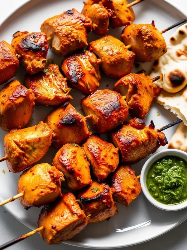 a white plate showcases several skewers of vibrant orange chicken tikka, slightly charred from grilling. pieces of naan bread and a small bowl of bright green chutney accompany the skewers. the dish is presented in a close-up, highlighting the texture and color