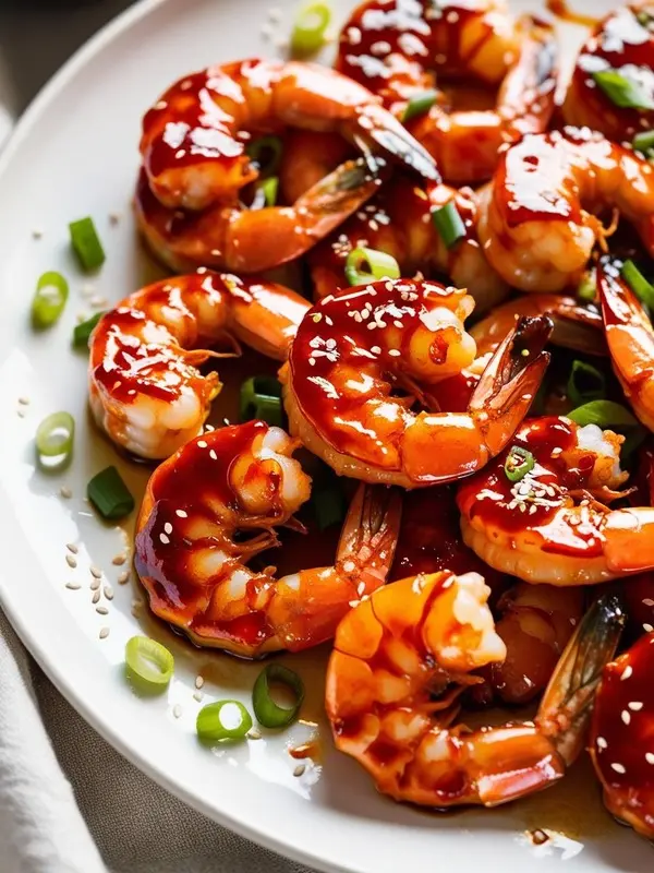 a white plate is piled with honey garlic shrimp, glistening with a rich, dark red sauce and sprinkled with white sesame seeds and chopped green onions. the shrimp appear plump and coated in a sticky, flavorful glaze, suggesting a sweet and savory seafood dish