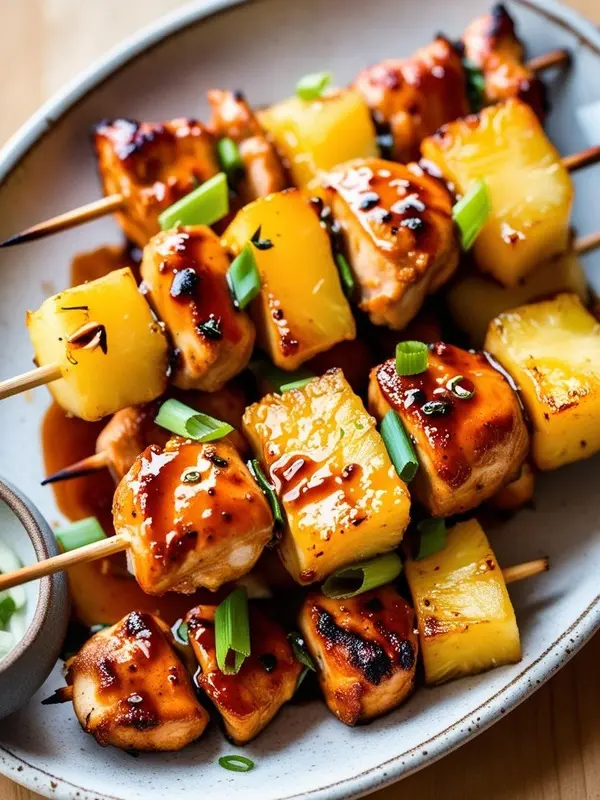 skewers of glazed teriyaki chicken and golden pineapple chunks are arranged on a light gray plate, garnished with chopped green onions. the sweet and savory dish is drizzled with extra teriyaki sauce, highlighting the glossy texture