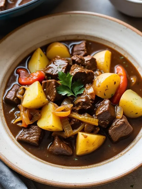 a close-up overhead shot of a hearty irish stew in a rustic bowl. tender chunks of beef are simmered with potatoes and carrots in a rich, dark broth, garnished with fresh parsley. the warm and comforting dish is presented on a dark wooden surface
