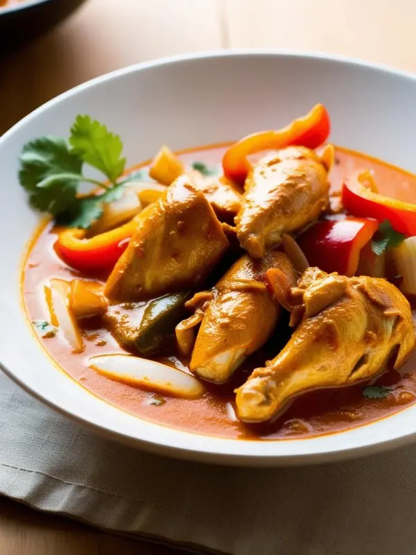 a white bowl contains a vibrant orange chicken curry with visible pieces of chicken, red and yellow bell peppers, and onions. fresh green herbs garnish the dish. the curry appears rich and flavorful, set against a blurred background