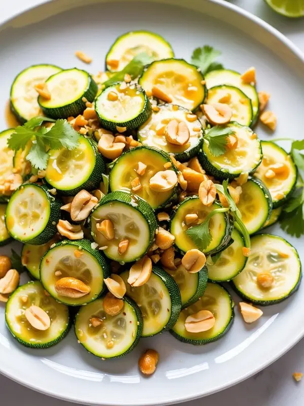 a close-up overhead shot of a thai zucchini salad on a white plate. thin slices of zucchini are tossed with peanuts and cilantro. the vibrant green and brown colors create a visually appealing and fresh dish. the text "asian cucumber salad, cucumber salad, sesame cucumber salad, zucchini" is visible