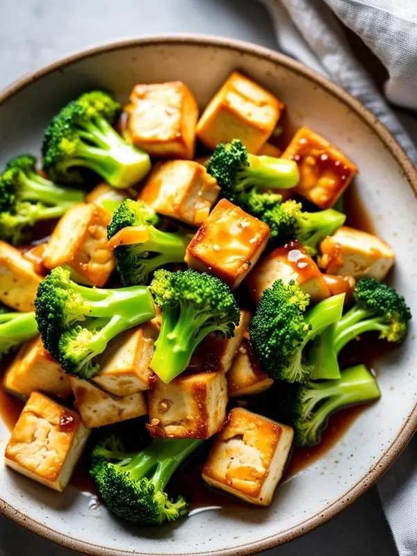 a tan bowl holds golden-brown tofu cubes and bright green broccoli florets, coated in a dark, glossy sauce. the tofu and broccoli are arranged attractively, and the sauce pools slightly at the bottom. the image is well-lit and appetizing