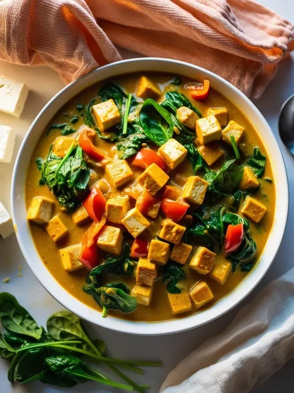 a bowl of creamy yellow tofu coconut curry is presented from an overhead view. cubes of golden tofu are mixed with vibrant green spinach leaves and red bell pepper pieces in a rich sauce. fresh spinach leaves are scattered around the bowl