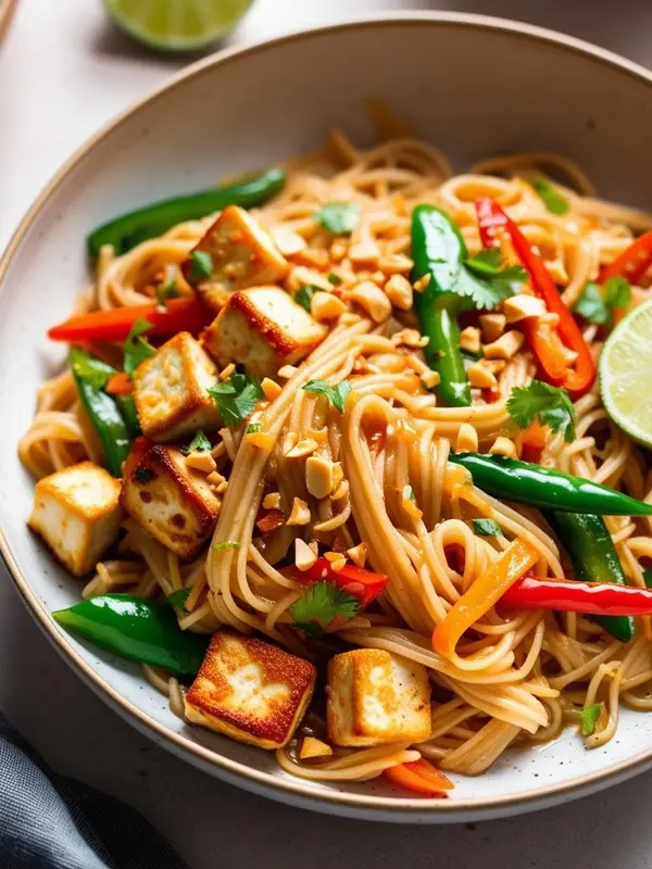 a bowl of vibrant pad thai features stir-fried rice noodles, golden-brown tofu cubes, colorful red and green chili peppers, and chopped peanuts, garnished with fresh cilantro and a lime wedge. the dish is presented in a close-up, highlighting its textures and colors