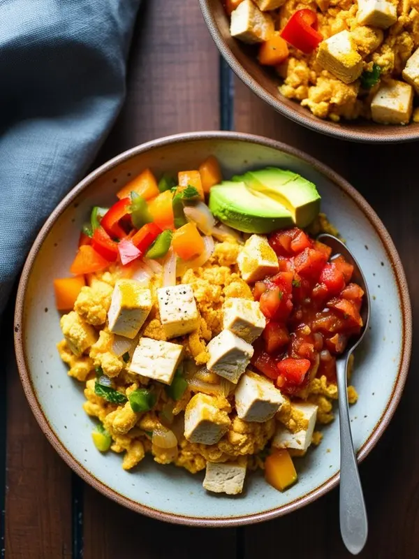 a bowl of vibrant breakfast burrito bowl features scrambled tofu, diced red and green bell peppers, onions, and a side of salsa, topped with creamy avocado slices. a spoon rests in the bowl, suggesting a healthy and flavorful vegetarian meal. another similar bowl is partially visible