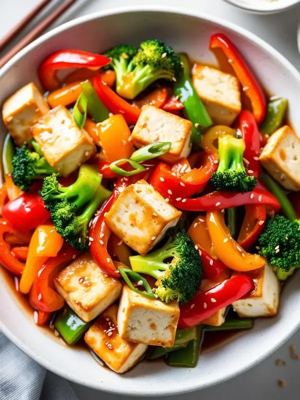 a white bowl is filled with a colorful tofu stir fry. golden-brown cubes of tofu are mixed with vibrant red and yellow bell peppers, bright green broccoli florets, and sliced green onions. a dark, glossy sauce coats the ingredients, and sesame seeds are sprinkled on top