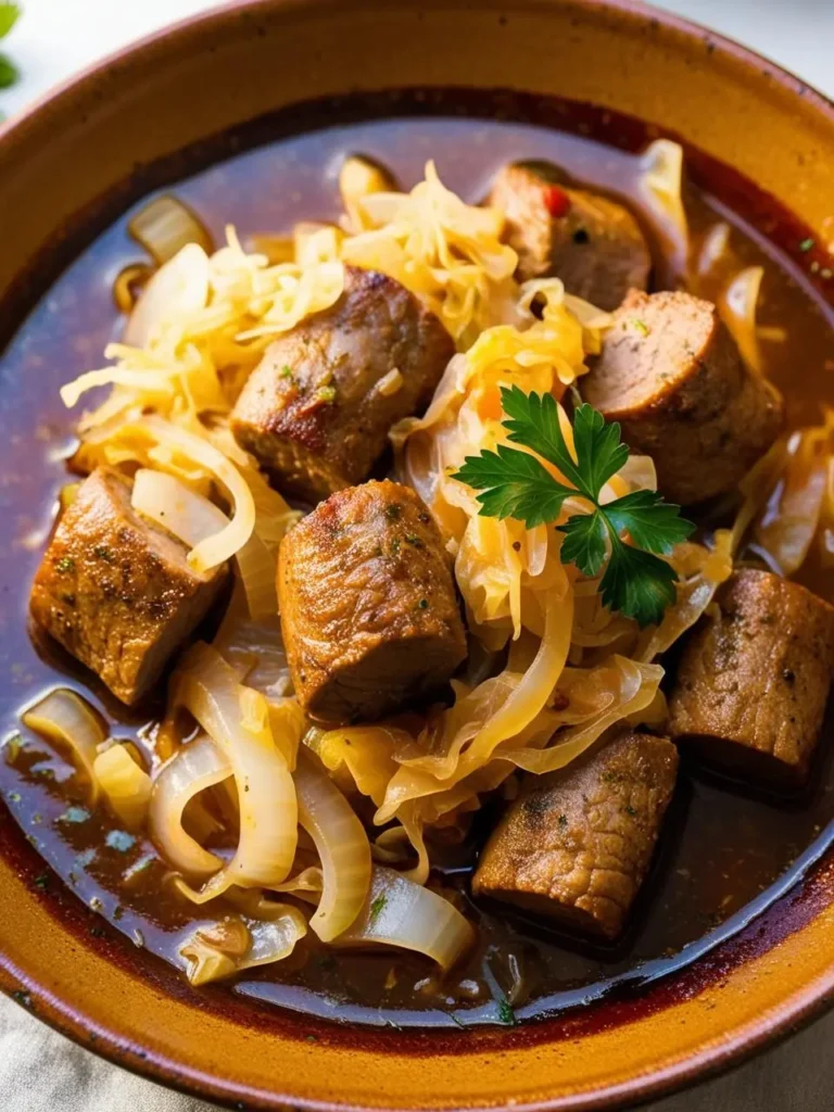 a close-up shot of székely goulash in a brown bowl. chunks of meat and shredded cabbage are simmered in a rich, reddish-brown broth, garnished with a sprig of fresh parsley. the hearty and flavorful stew sits on a light brown napkin