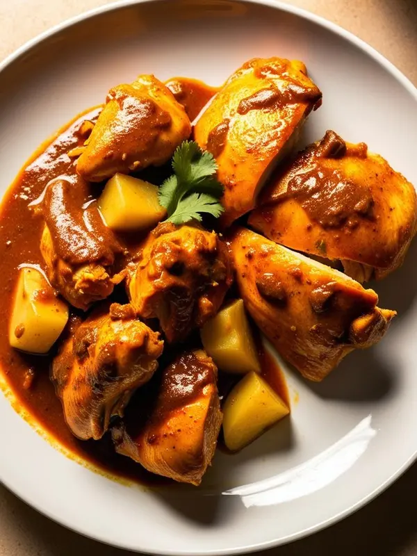 a white plate displays pieces of chicken, potatoes, and a rich, reddish-orange curry sauce. a sprig of fresh cilantro provides a pop of green. the dish suggests a flavorful and aromatic trinidadian curry chicken meal. the focus is on the rich colors and textures