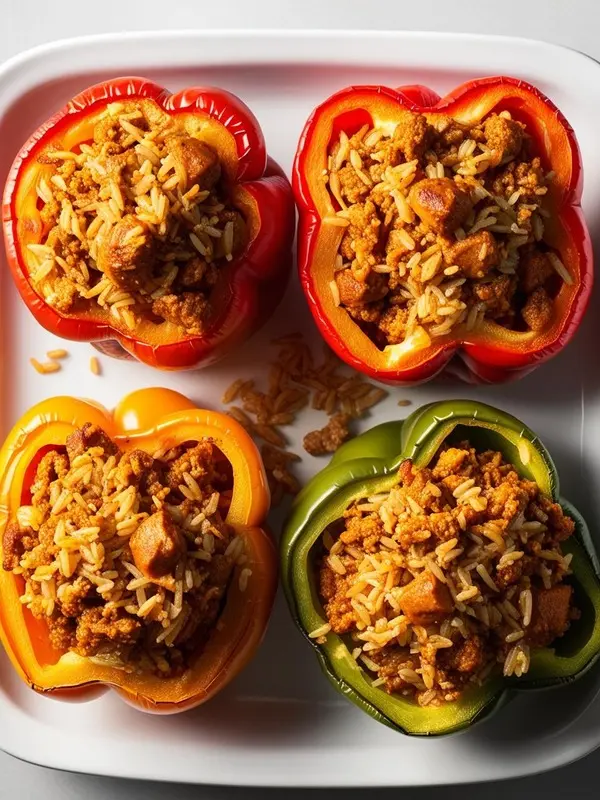 a close-up overhead shot of four colorful stuffed bell peppers in a white baking dish. the peppers are red, orange, and green, halved and filled with a mixture of rice and ground meat. the dish is simple and highlights the vibrant colors of the vegetables