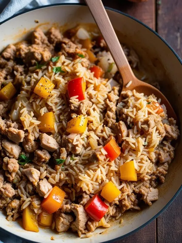a close-up overhead shot of dirty rice in a light-colored pot. the rice is mixed with ground meat, diced red and yellow bell peppers, and onions, with a wooden spoon resting inside. the hearty and savory dish is presented on a dark wooden surface