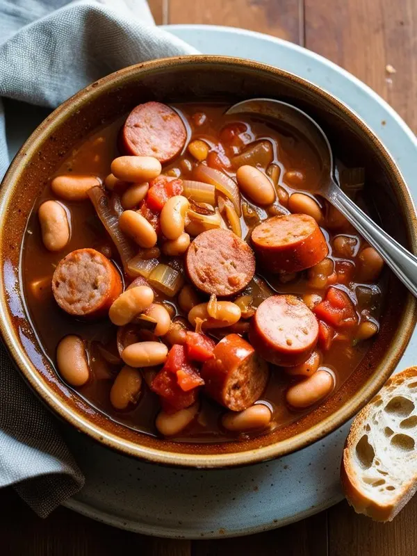 a rustic bowl filled with a hearty bean stew, featuring slices of turkey kielbasa, tender beans, and diced tomatoes, all simmered in a rich broth. a metal spoon rests inside, and a slice of bread is placed beside the bowl