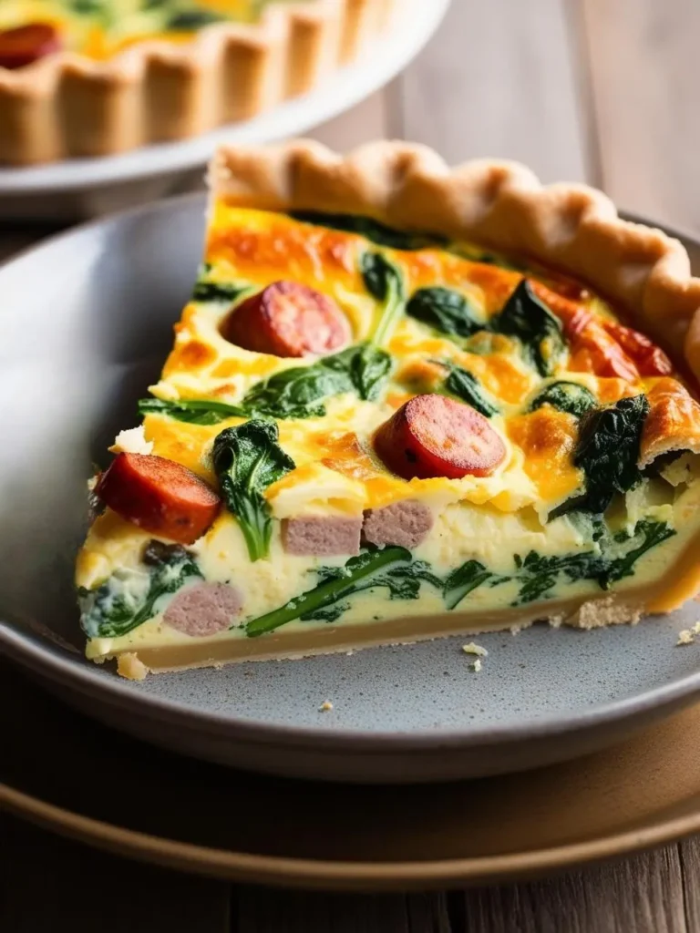 a slice of savory quiche rests on a gray plate, showcasing a flaky golden crust filled with creamy egg custard, vibrant green spinach, and slices of sausage. another quiche, partially visible, sits in the blurred background on a wooden surface