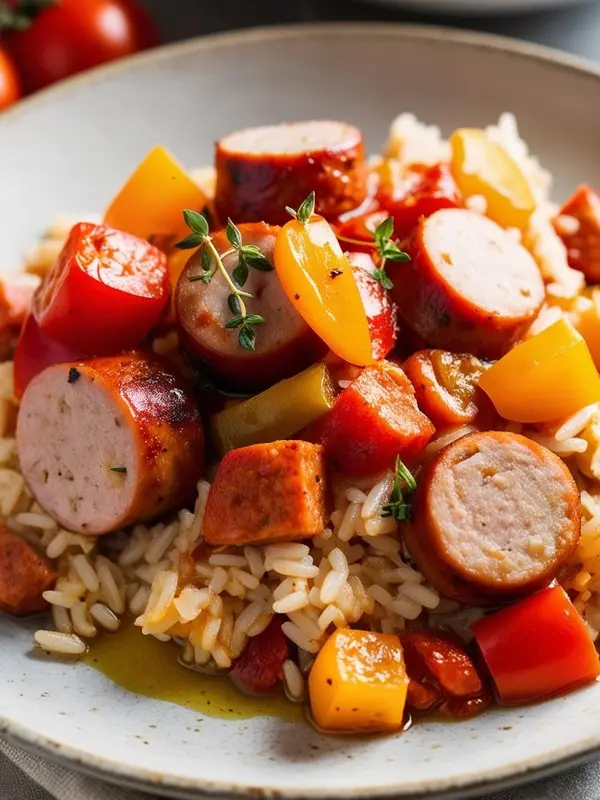 a close-up shows a creamy rice dish mixed with sliced sausages, including turkey kielbasa, and colorful bell peppers. fresh thyme sprigs garnish the top. the dish appears hearty and flavorful, served in a light-colored bowl with a slightly blurred background